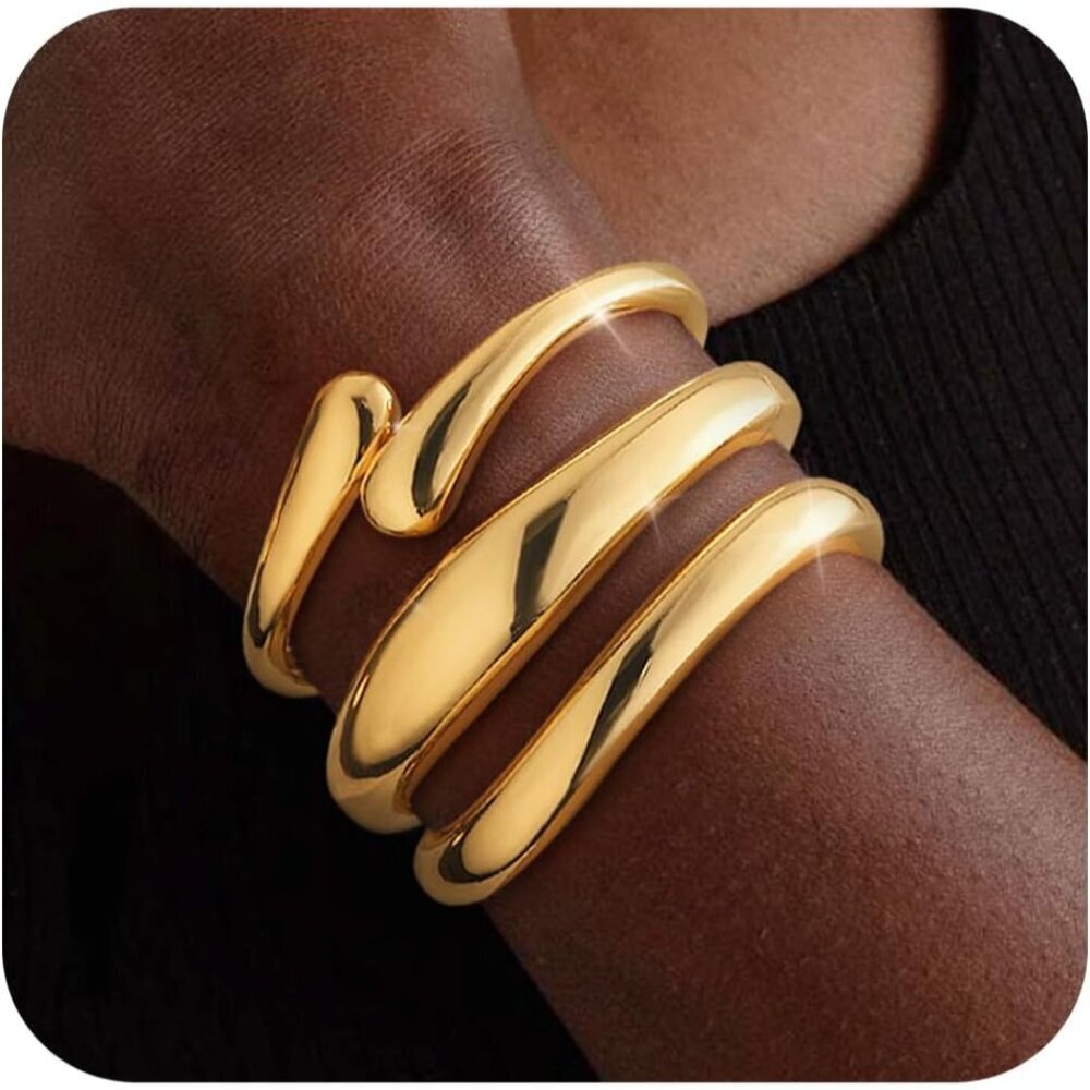 Chunky Gold Bangle Bracelets Brass 14K Gold Plated Stackable Gift for Women